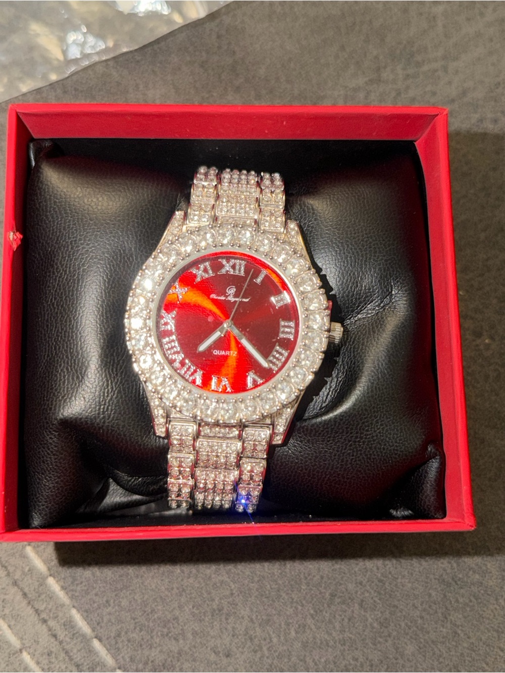 Men's Silver Crystal Bracelet Watch with Red Dial